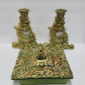 Ornate Green and Gold Candle Holder Set